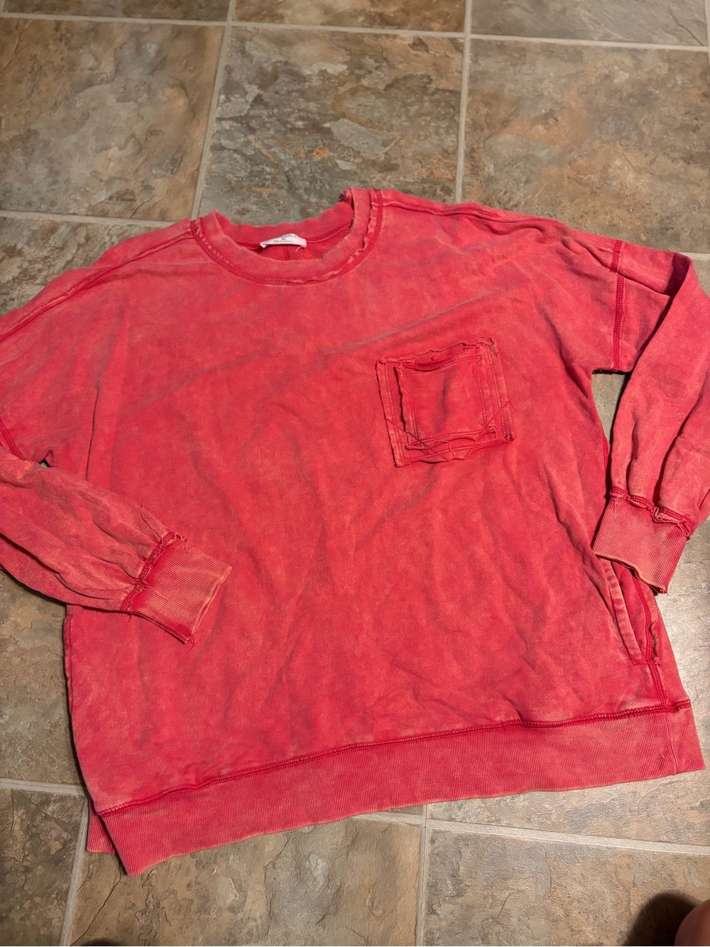 Zenana Outfitters Red Crewneck Sweater with Chest Pocket